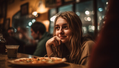 Young adults enjoying food and drink at a casual bar generated by AI