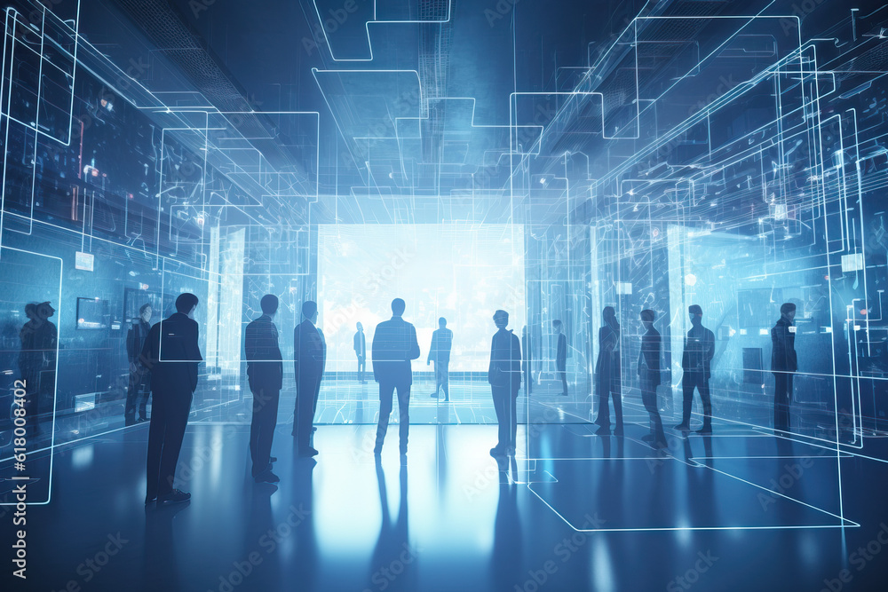 Aufkleber group of business people engaged in a discussion in a modern data center, surrounded by servers. ill