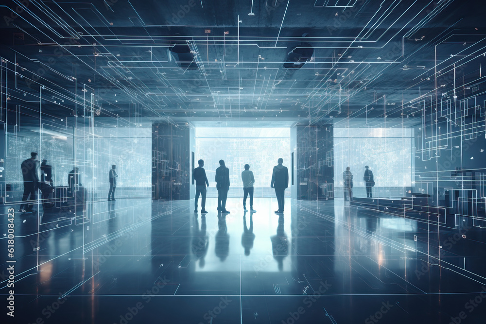 Aufkleber group of business people engaged in a discussion in a modern data center, surrounded by servers. ill