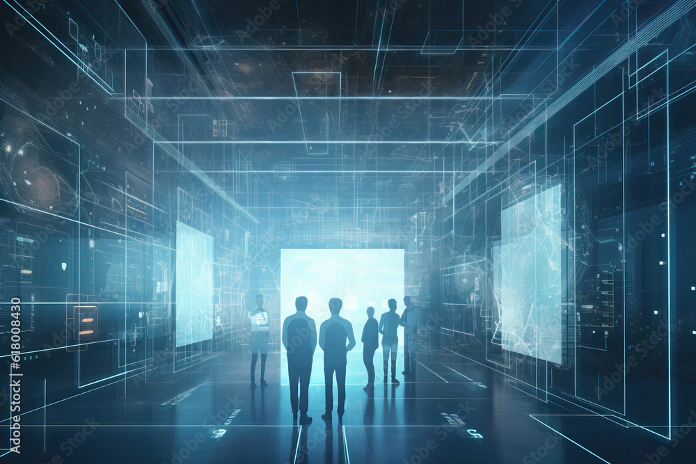 Aufkleber group of business people engaged in a discussion in a modern data center, surrounded by servers. ill