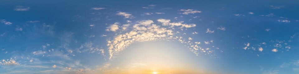 Bright sunset sky panorama with Cirrus clouds. Seamless hdr spherical 360 panorama. Sky dome or...