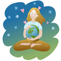 A meditating young woman hugs the Earth. The concept of caring for the planet, ecology.
