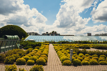 Botanical garden on the roof of the Warsaw University library modern architecture and greenery....
