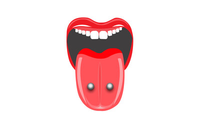 illustration of mouth and tongue pierced with two titanium silver, commonly called A venom piercing is a double tongue piercing
