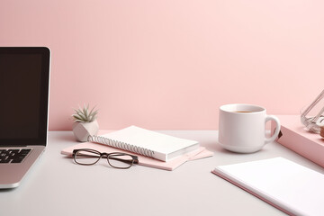 Laptop with blank white screen on office desk interior. Stylish rose gold workplace mockup table view.