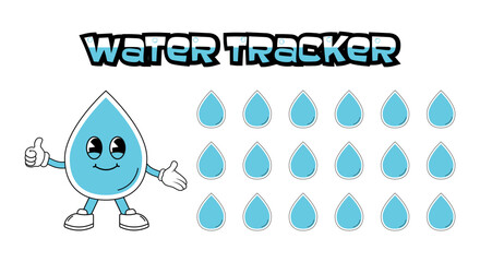 Daily water tracker balance vector calendar. Habit tracker concept and for effective planning. Drinking enough water, hydration challenge. Cute character in retro groovy style. Vector illustration