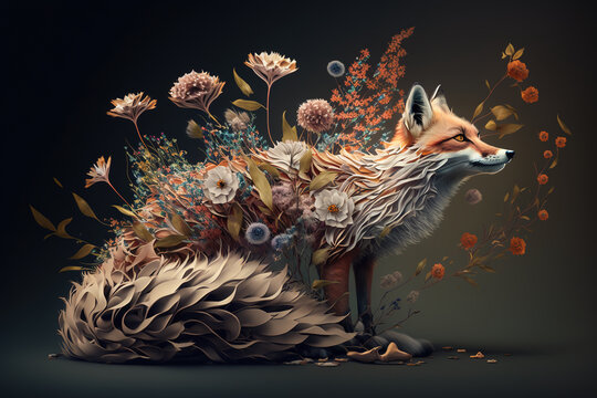 Image of a fox surrounded by colorful tropical flowers on a clean background. Wildlife Animals. Illustration, Generative AI.
