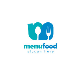 Letter M Logo Template for Restaurant and cafe. Spoon and Fork negative space vector