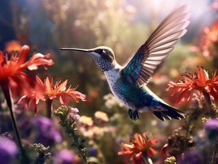 Naklejka na ściany i meble Hovering Hummingbird with Wildflowers