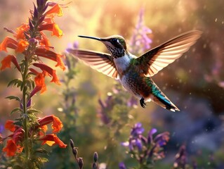 Hovering Hummingbird with Wildflowers