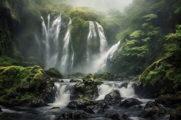 Cascading Waterfall with Rising Mist