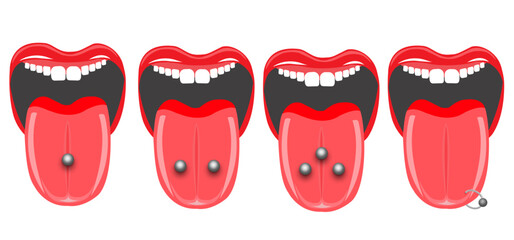 illustration of various types of tongue piercing. snake eyes, venom or triple piercing tongue
