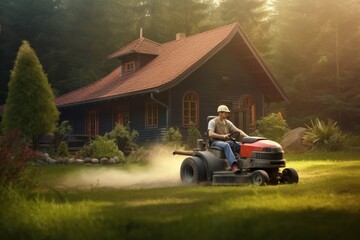 Landscaper Using Ride-on Mower on Property