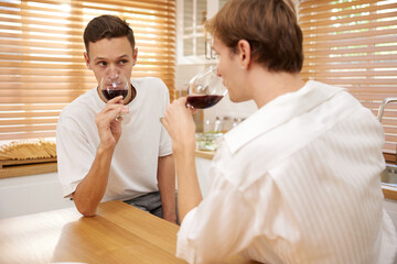 LGBT gay couple talking with boyfriend and drinking wine in dining room
