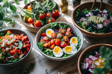 beauty and vibrancy of fresh, healthy eating, freshness and vitality, with vibrant colors of vegetables and greens popping against minimalist backdrop of table