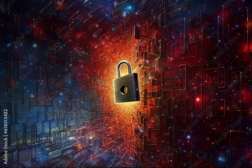 Aufkleber padlock with digital technology elements set against abstract background, emphasizing importance of 