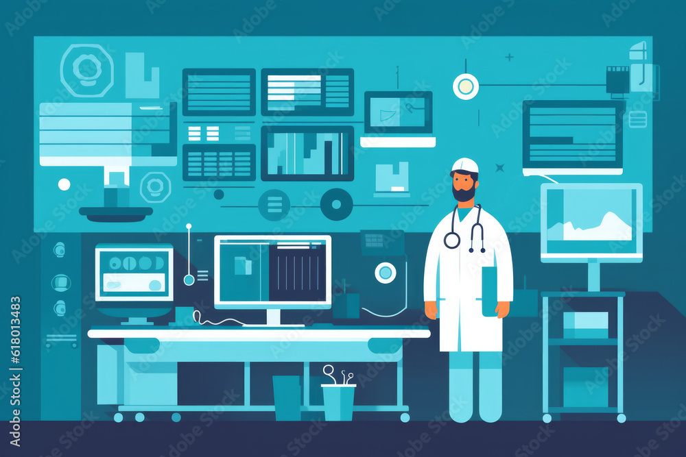 Poster male doctor hard at work in lab, surrounded by computers and advanced technology, setting that combi