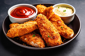 plate filled with succulent chicken strips, tantalizingly arranged alongside assortment of other tempting snacks