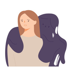 A heavy weight hangs over a woman's shoulder. simple vector illustration.