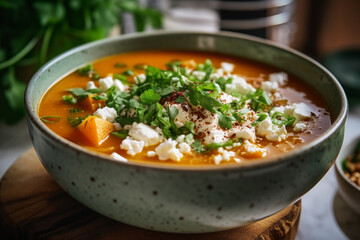 steaming bowl of soup filled to brim with comforting blend of pumpkin, feta cheese, and fresh parsley slices