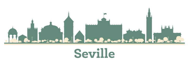 Abstract Seville Spain City Skyline with Color Buildings.