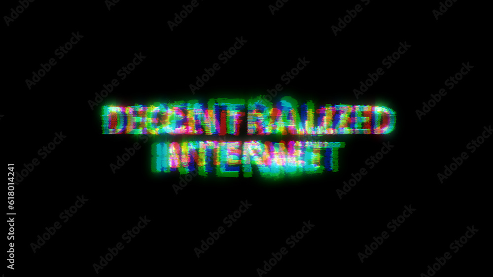 Poster cybernetical text decentralized internet with massive chromatic aberrations distortion, isolated - o
