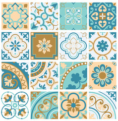 Ceramic pattern and Mediterranean floors. Ethnic folk ornaments. Mexican Talavera, Portuguese azulejo or Spanish majolica. Vector illustration