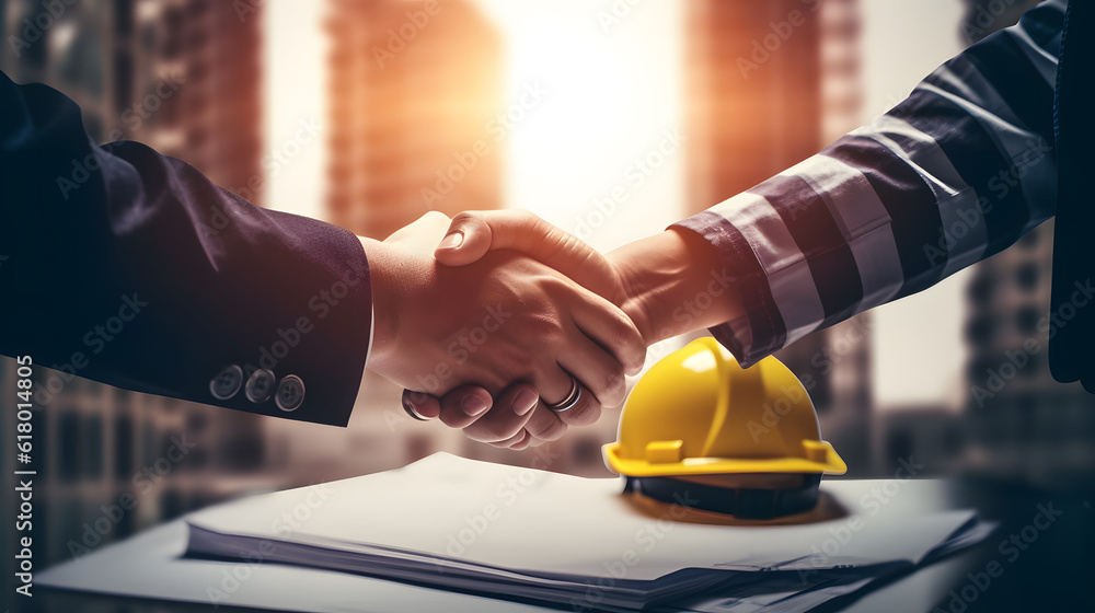 Wall mural architect and engineer construction workers shaking hands while working for teamwork and cooperation