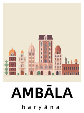 Ambāla: Flat design illustration poster with Indian buildings and the headline Ambāla in Haryāna