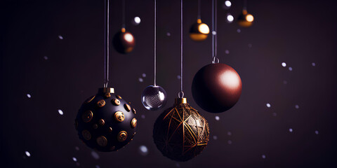 Christmas and New Year background with Christmas tree ornamental balls in a dark tone, decor, banner for a winter holiday. Generative ai