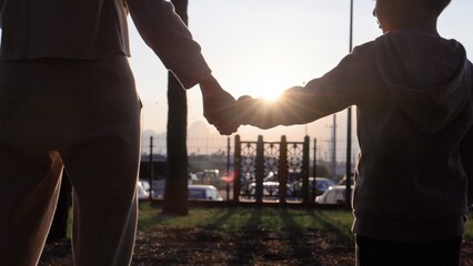  Happy family mom and son. Holding hands together. Happy family in park at sunset