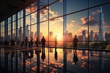 Business people silhouettes in modern office building with panoramic windows.