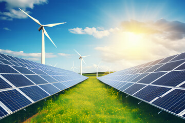 renewable energy background with green energy as wind turbines and solar panels