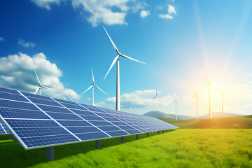 renewable energy background with green energy as wind turbines and solar panels