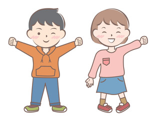 長袖の服を着た笑顔の子供たち　秋　春　全身