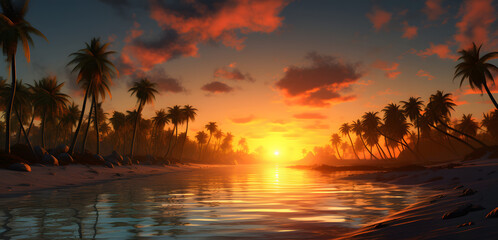 Obraz premium A beautiful beach with coconuts trees at sunset
