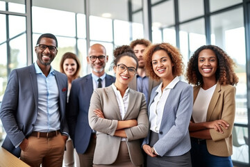 Obraz premium Embodying professionalism and confidence, black and white individuals strike powerful poses, symbolizing the strength and synergy of a dynamic corporate team. generative AI.