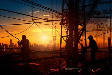 Fototapeta na wymiar Silhouette workers construction the extension of high-voltage towers on blurred light