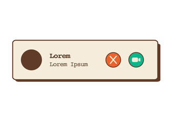 Notification box with incoming video or audio call. Popup window. Aesthetic vintage style UI element. Answer video call and end call button. Retro computer interface. Vector flat style illustration.