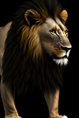 Image of a beautiful majestic lion against a black background. (AI-generated fictional illustration)
