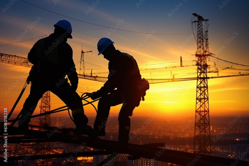 Wall mural Silhouette workers construction the extension of high-voltage towers on blurred light - Wall murals