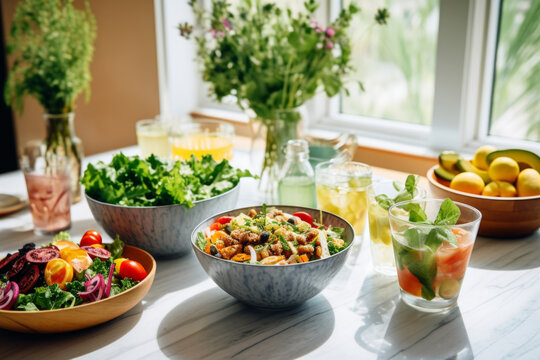 beauty and vibrancy of fresh, healthy eating, freshness and vitality, with vibrant colors of vegetables and greens popping against minimalist backdrop of table
