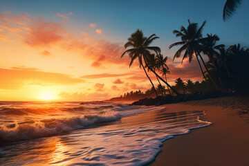 Beach with waves and palm trees at sunset