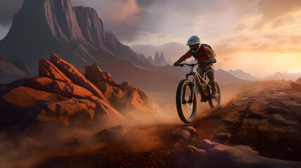 A daring rider navigating a rugged, rocky trail, with a breathtaking mountain vista, adventure riding concept