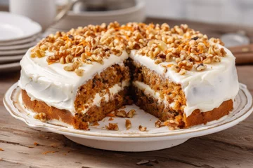 Fotobehang carrot cake adorned with carrot buttercream and sprinkled with crunchy walnuts rich cream cheese icing complements © vefimov