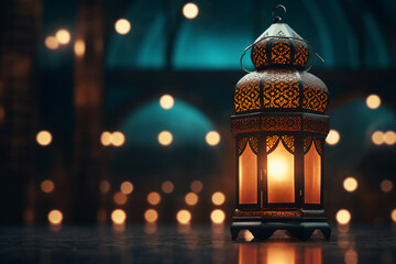 Plain background of the lantern lights up with the word Eid Mubarak, Detail accuracy, macro lens, clarity and high quality
