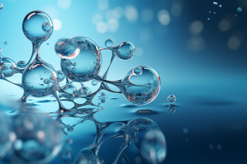 Cosmetic Essence, Liquid bubble, Molecule inside Liquid Bubble on water background, 3d rendering