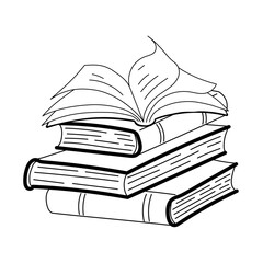 Vector hand draw open book lying on high stack of books isolated