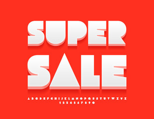 Vector creative Poster Super Sale. White 3D Font. Modern Alphabet Letters and Numbers