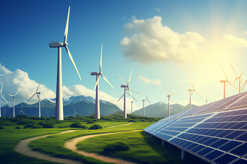 renewable energy background with green energy as wind turbines and solar panels